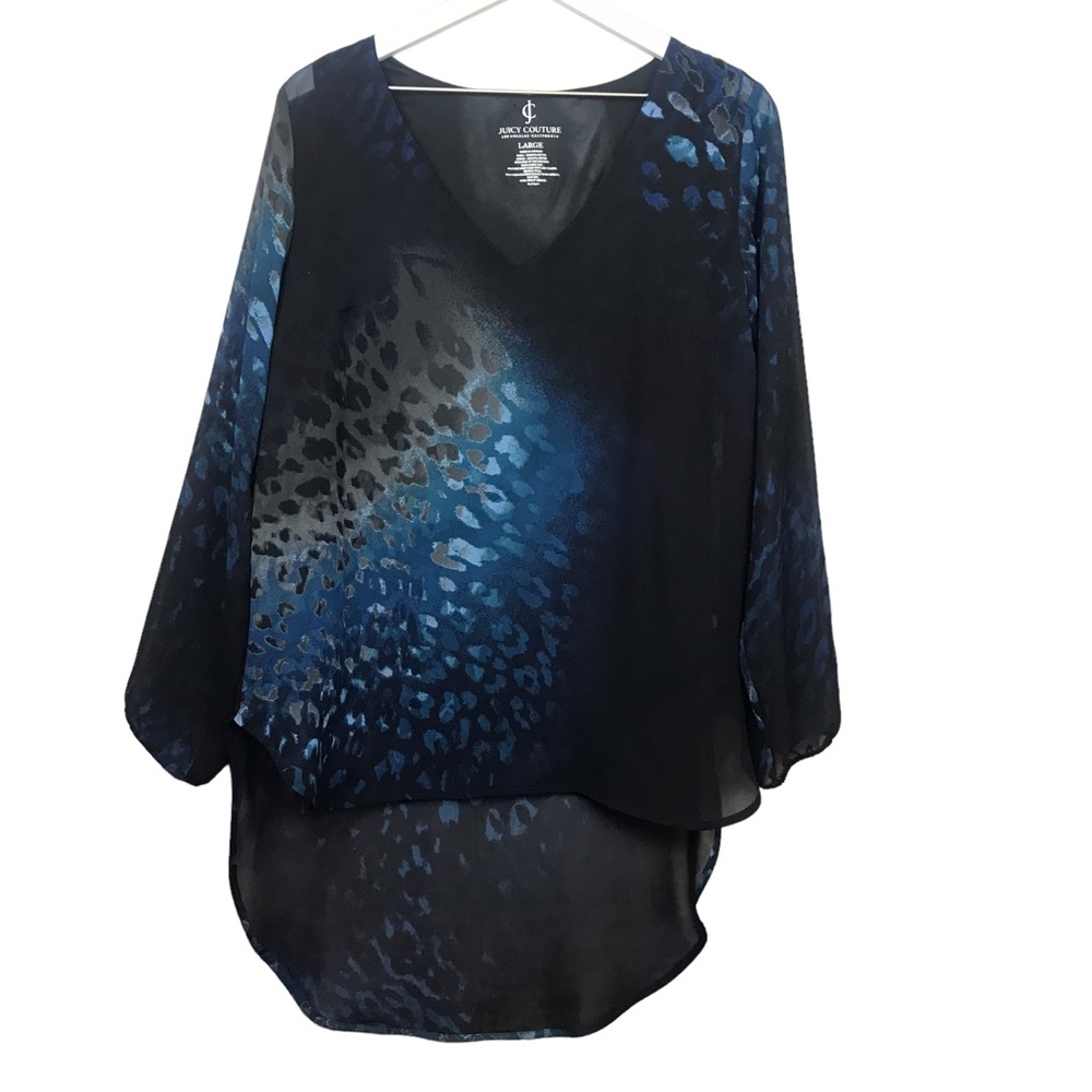 Juicy Couture Black Blue Print Layered Flowy Tunic Top Women Sz L